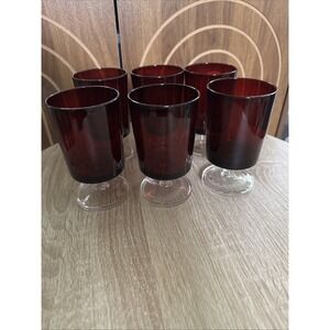 6 Vintage Water Glasses Luminarc Arcoroc France Ruby Red Clear Stem
